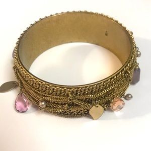 Vintage KCR Bohemian Non Metal Chain Wrapped Beaded Leaves Charm Bangle Bracelet